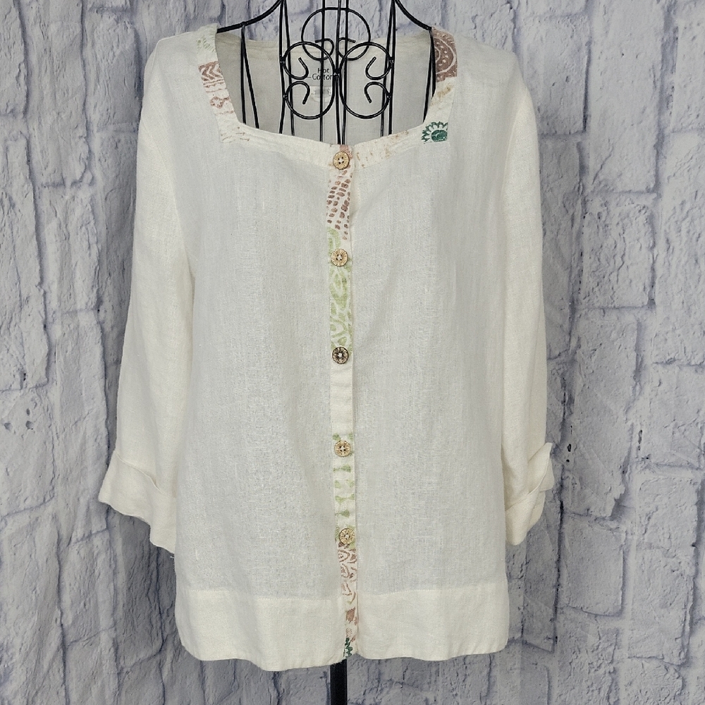 Hot‎ Cotton White Linen Blouse Small Button Front Boho Artsy Coastal Top